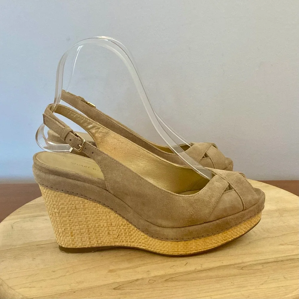 Stuart Weitzman Jean Taupe Suede Slingback Wedge Sandals Womens Sz 6 M Platform